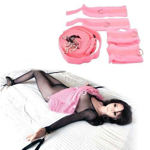 Under Bed Bondage Restraints, Furry Handcuffs and Ankle Cuffs Restraint Kit - Pink