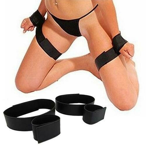 Pair Black Wrist Cuffs to Thigh Bondage Sex Restraint Kit