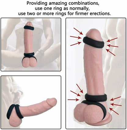 Enhanced Black Colour Silicone Triple Cock Ring Set