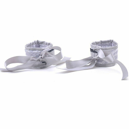 2Pcs Boutique Lace Wrist Cuffs & Blindfold - Silver