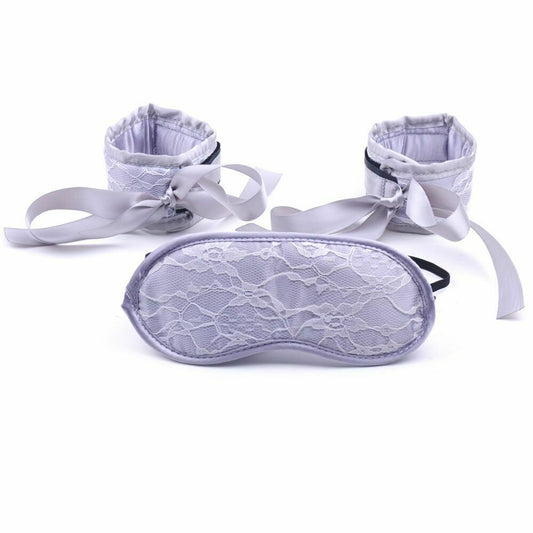 2Pcs Boutique Lace Wrist Cuffs & Blindfold - Silver