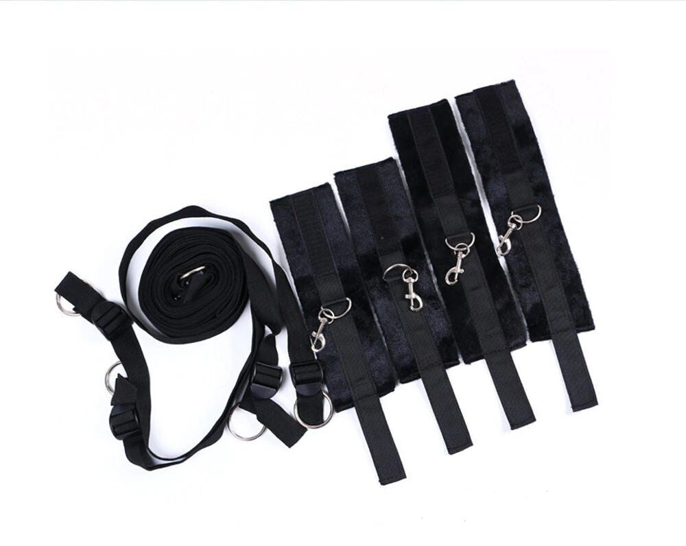 Under Bed Bondage Restraints, Furry Handcuffs and Ankle Cuffs Restraint Kit - Black