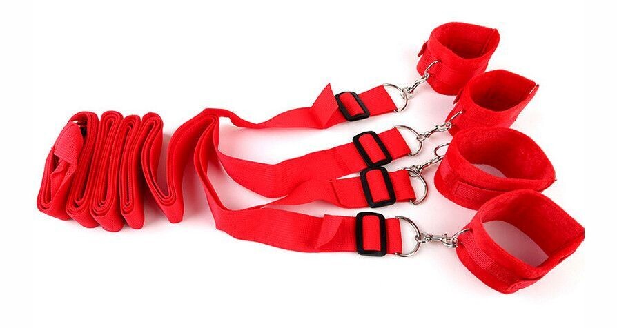 Under Bed Bondage Restraints, Furry Handcuffs and Ankle Cuffs Restraint Kit - Red