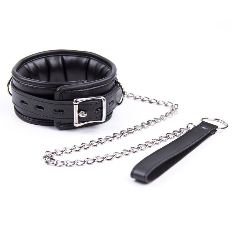 Padded PU Leather Black BDSM Collar and Chain Restraint