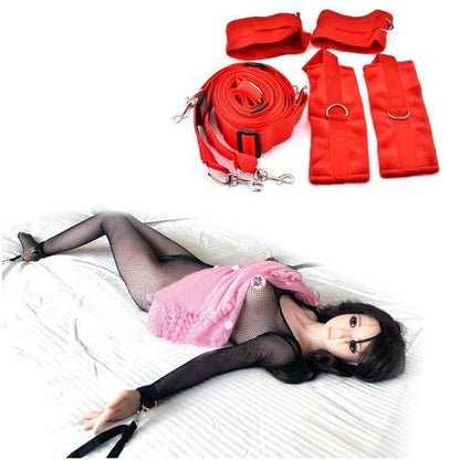 Under Bed Bondage Restraints, Furry Handcuffs and Ankle Cuffs Restraint Kit - Red