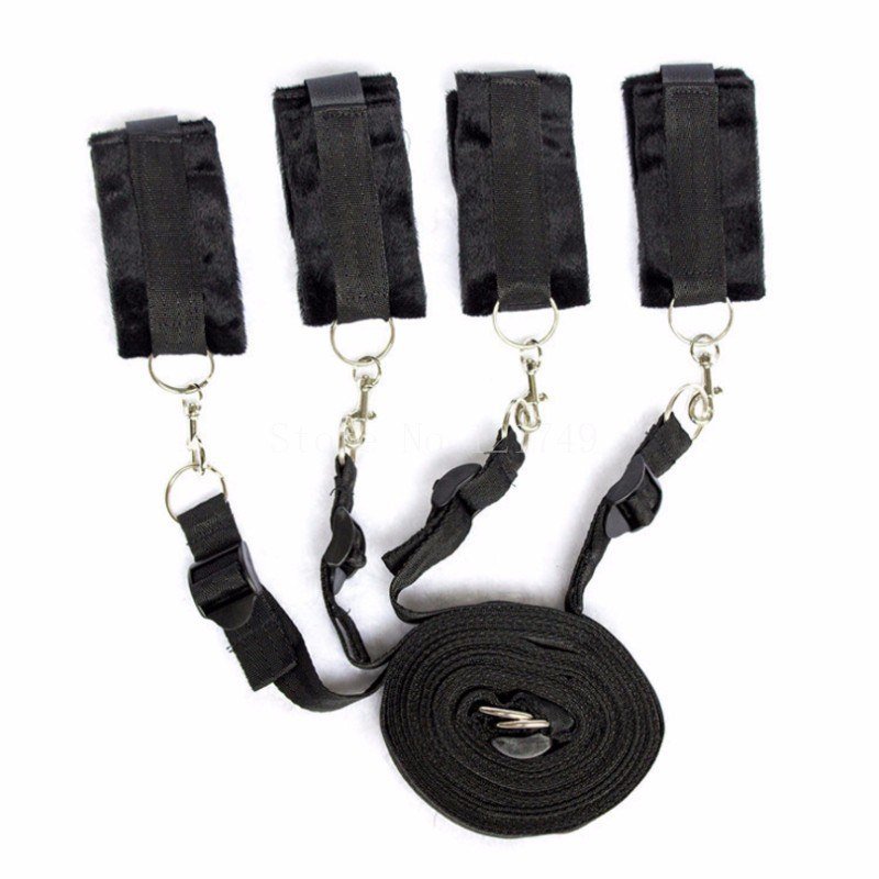 Under Bed Bondage Restraints, Furry Handcuffs and Ankle Cuffs Restraint Kit - Black